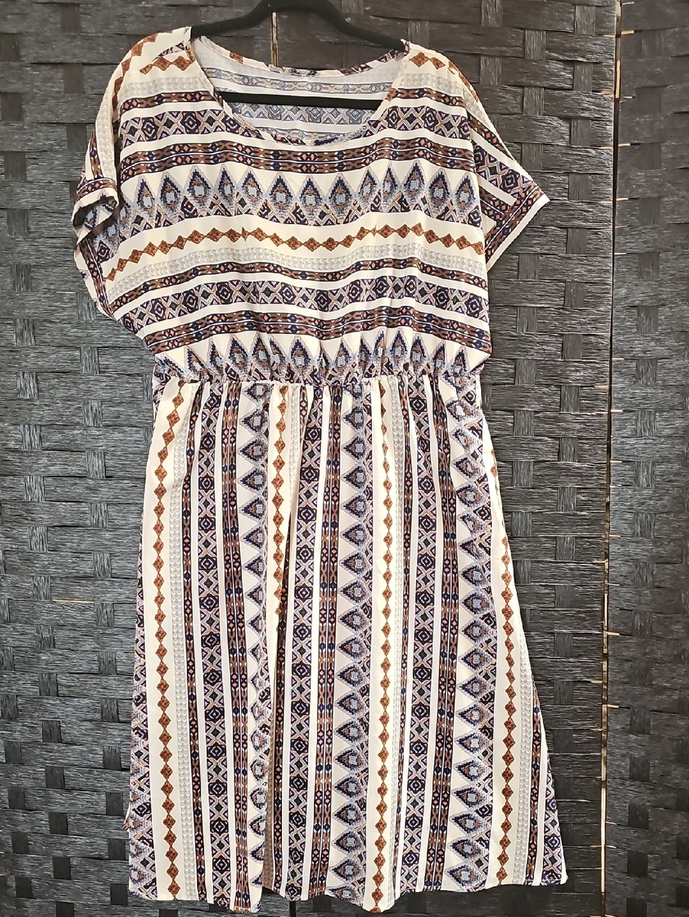 SHEIN Cream Midi Dress with Navy & Brown  W Southwest Design
